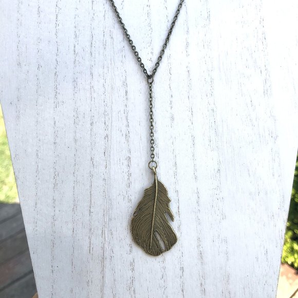 Antique Brass Feather Y-Necklace - Picture 4 of 4